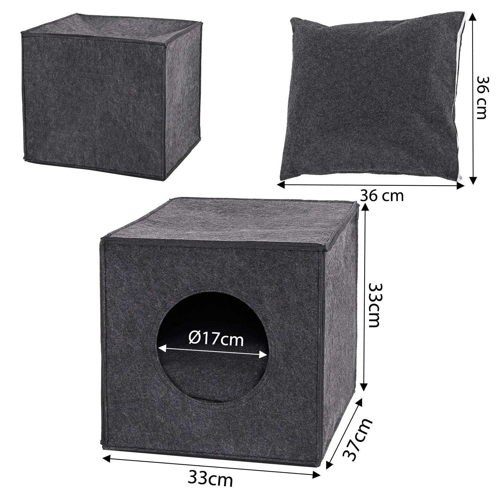 Mikrhaus – Cabane cube en feutre pour chat, panier pliable avec coussin pour étagères et sol (Gris foncé)